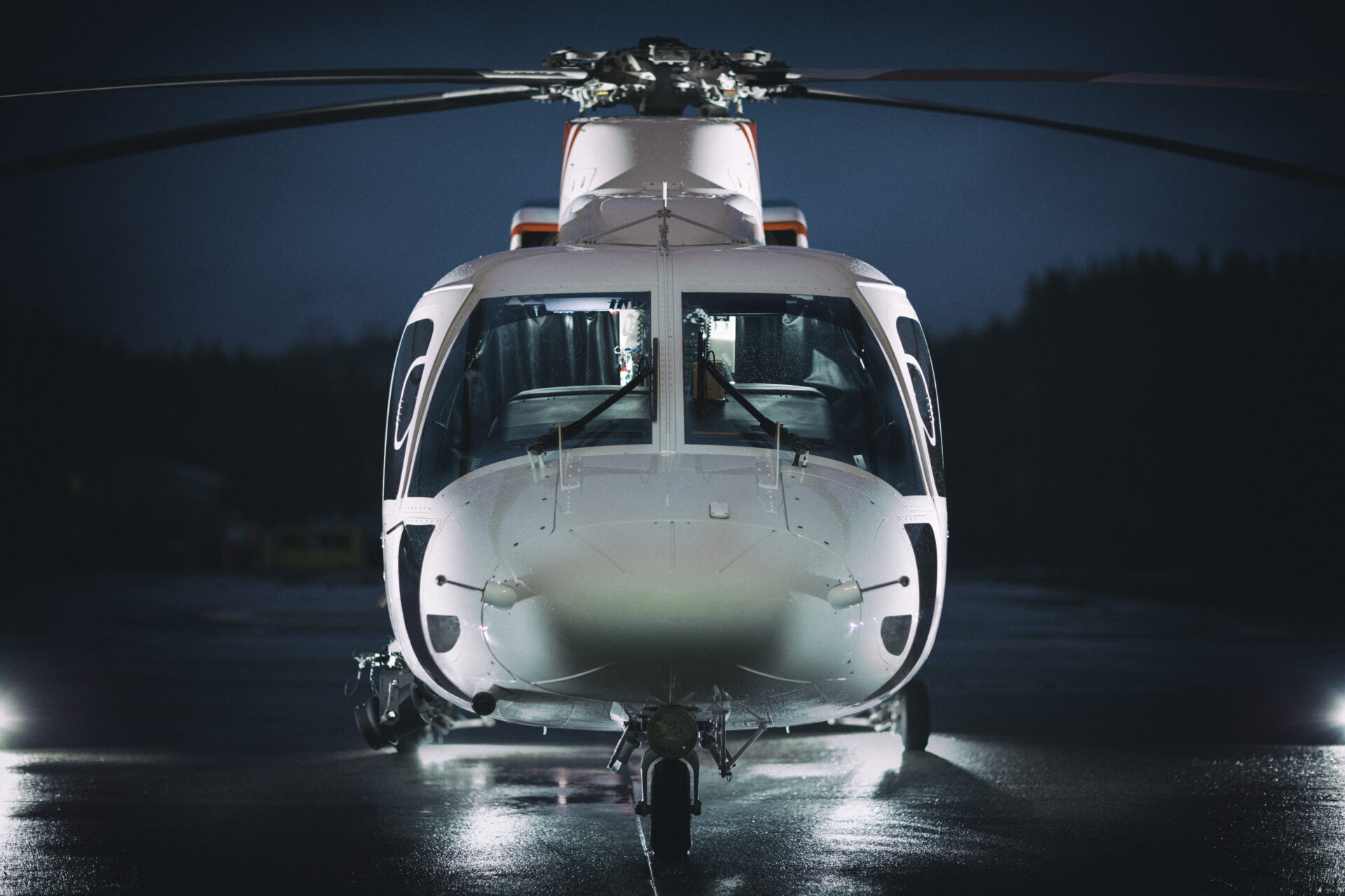 An executive helicopter with dramatic lighting.