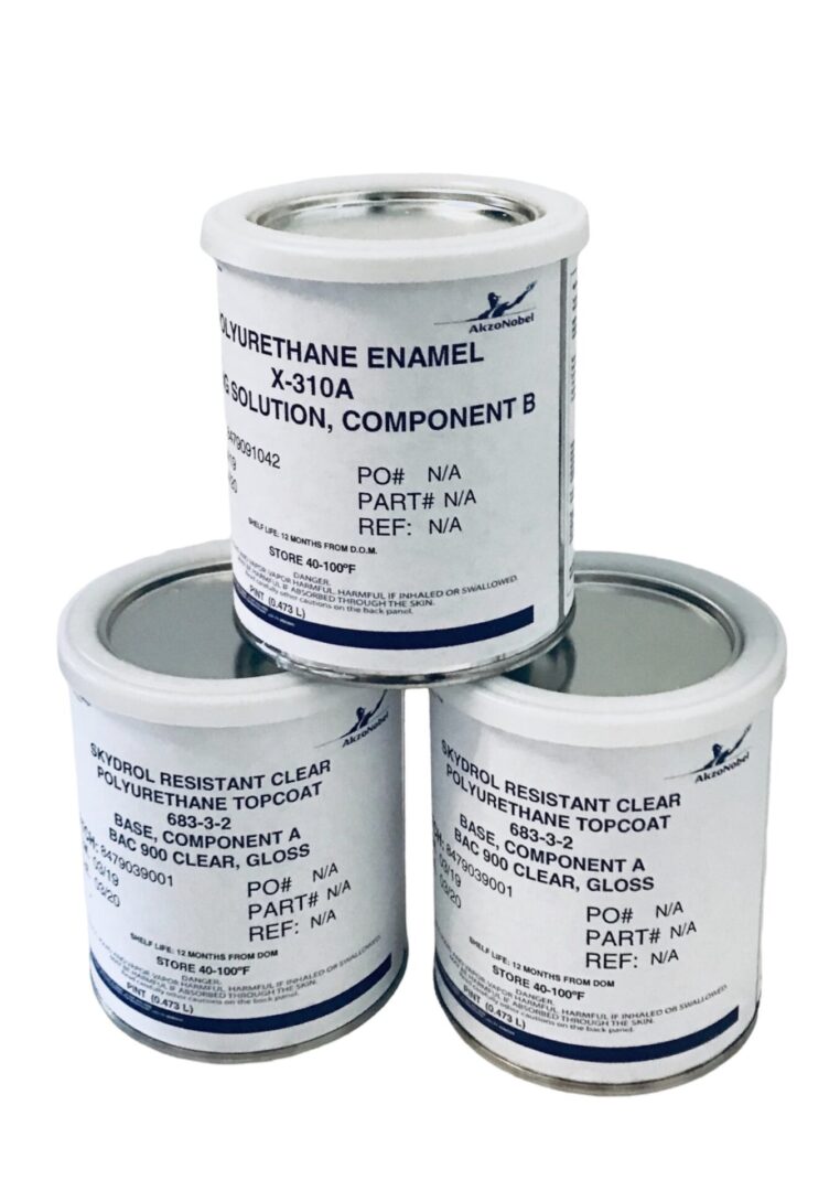 Three components and tins of Top Coat and enamel solution